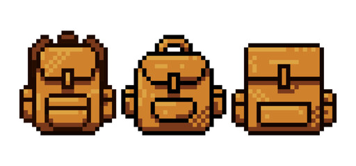 Three distinct Pixel art backpack designs,8Bits, perfect for game developers, retro art enthusiasts, or anyone needing vintage-style digital assets.