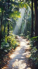 Rainforest footpath in sunlight.
