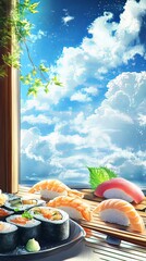 sushi set arranged with window sky view.