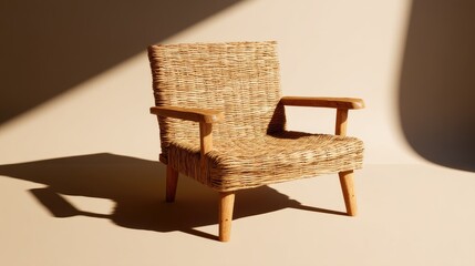 Stylish woven chair casting shadows in soft light