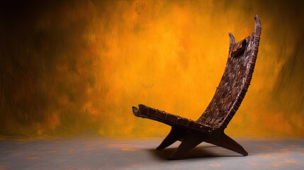 Unique handcrafted chair against vibrant orange backdrop