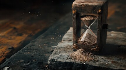 Glittering decay Concept. Vintage hourglass on a rustic surface, with sand flowing and a moody atmosphere, symbolizing the passage of time.