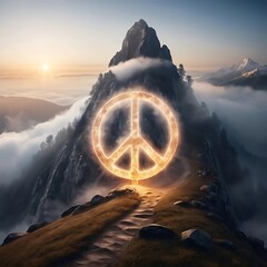 Peace Symbol on Mountain Peak with Clouds and Sunset