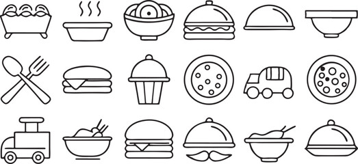 Catering Icons Solid Black Set Food Tray Service Chef Meal Dish Restaurant Vector