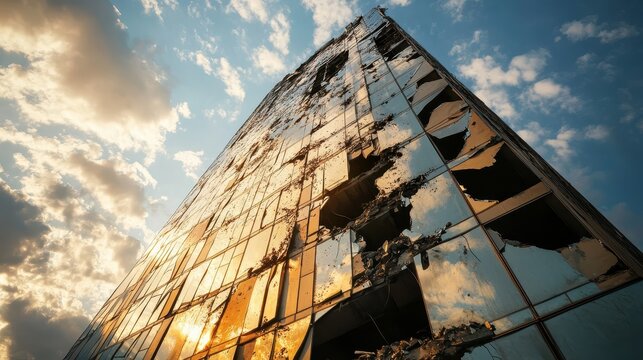 Glittering decay Concept. A distorted skyscraper reflects the sky, showcasing broken windows and a dramatic cloud backdrop.