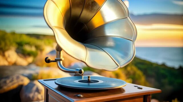Vintage phonograph with horn speaker on a rock overlooking the ocean at sunset or sunrise, creating a nostalgia atmosphere