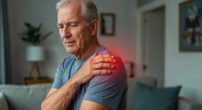 Senior Caucasian man sitting at home with hand on shoulder showing signs of pain and discomfort, red glow indicating musculoskeletal or cardiac condition