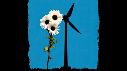 Sunflowers casting a shadow of a wind turbine