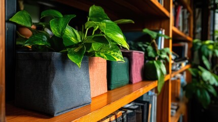 Vibrant indoor plants on a wooden bookshelf