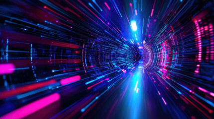 Vibrant digital tunnel with colorful light streaks representing speed and technology, creating sense of motion