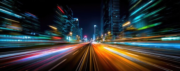 Night city street with motion blurred car lights