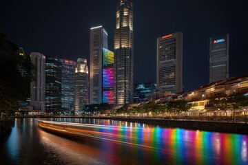 Naklejka premium Night cityscape with vibrant colored reflections on water, showcasing modern and historical architecture