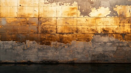 Obraz premium Glittering decay Concept. Rustic wall texture with peeling paint and a weathered appearance, showcasing a blend of gold and brown hues against a dark base.