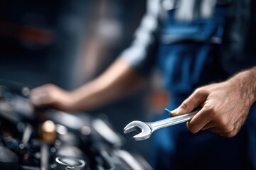 A car mechanic in uniform is working with a wrench on a car engine, with a close-up view of their hands and tools in the garage for a repair service concept.