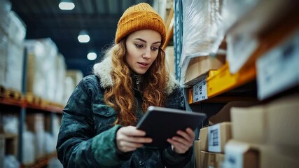 Female worker using tablet in warehouse for inventory management and quality control - Powered by Adobe