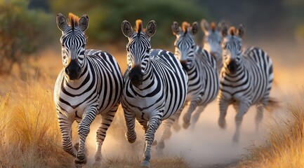 Fototapeta premium A group of zebras galloping across the African savannah, with dust clouds rising behind them as they run at high speed