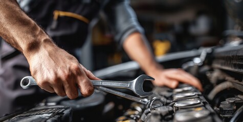 Fototapeta premium A car mechanic in uniform is working with a wrench on a car engine, with a close-up view of their hands and tools in the garage for a repair service concept.