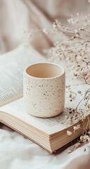 Cream speckled mug rests on open book, beside dried flowers. Soft lighting