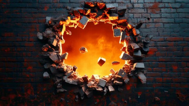 Fiery Portal Shatters Brick Wall Revealing Explosive Energy and Debris