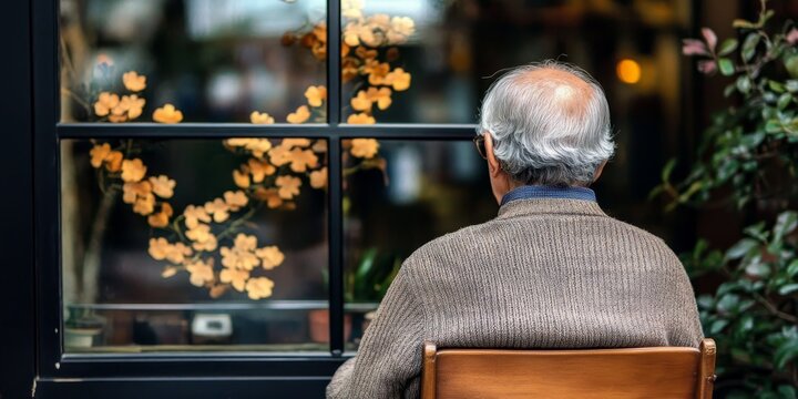 Elegant elderly man in gray sweater thoughtfully gazes out a shop window at golden petals outside. - Powered by Adobe