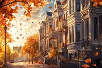 Fototapeta premium autumn scene with victorian brownstone houses and colorful foliage on sunny street. fall season concept. vibrant autumn leaves flutter in breeze. architecture, travel, urban landscape.