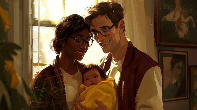 Loving parents with their newborn baby, digital painting depicting family happiness and love, soft and warm colors.