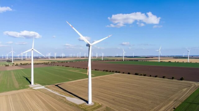 Clean Energy Landscape: Aerial Perspective of Wind Turbine Farm on Rural Plains