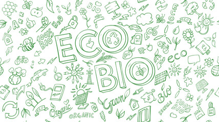 horizontal  banner Eco and  bio Related Objects and Elements. Hand Drawn Vector Doodle Illustration