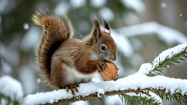Squirrel eating nut on snowy branch