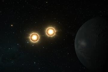 Obraz premium Bright binary star system with glowing suns illuminating the cosmic landscape near a distant planet