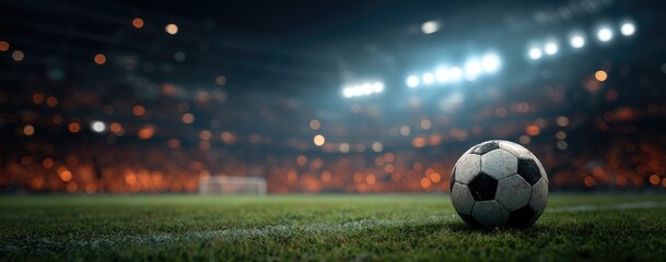 Soccer ball on a field at night, stadium lights