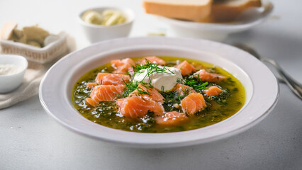 Sorrel soup with smocked salmon, dill and sour cream in white bowl on table.