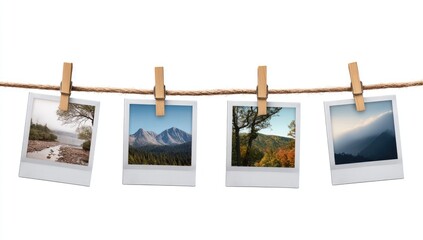 Four instant photos hanging on clothesline