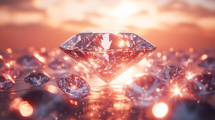 Fototapeta premium A diamond soaring through the sky surrounded by a sea of diamonds on a light brown canvas