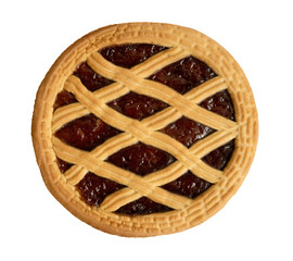 Cherry pie with a golden lattice crust on a white background