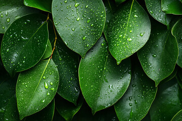 Fototapeta premium Dew-kissed green leaves glisten in the early morning light, showcasing nature's beauty and freshness