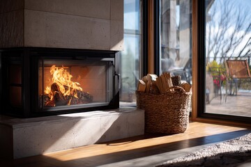 Cozy fireplace in modern home with sunlight streaming in