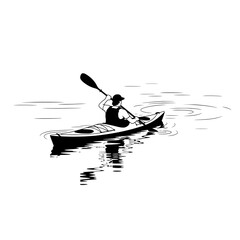 Kayaker silhouette on calm water isolated on transparent background. Kayaker paddling on calm water silhouette isolated on transparent background. Kayaker art 