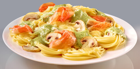 Spaghetti mit Schinken und Champignons mit gruener Pesto Sauce, Pasta, Nudeln, 
