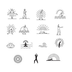 outline vector icons of meditative sun scenes: yoga on beach, person under sun, sunrise meditation, peaceful rays, open arms to sun, breath icon, balance with light, calming glow. set of line style