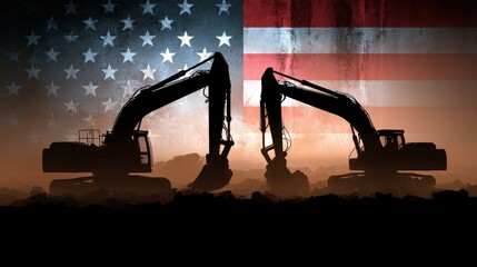 American Construction Machinery Silhouette Against Flag