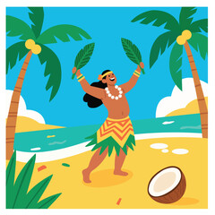 Colorful Tropical Islander Dancer on Beach with Coconut and Palm Trees – Hawaiian Luau Style