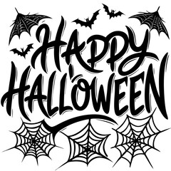 Happy halloween hand lettered design with bats and spiderwebs