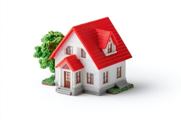 Miniature house model, red roof, white exterior, small tree