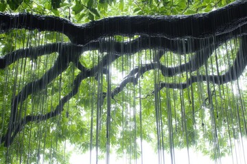 Lush, thick tree branches draped with numerous, long, thin, light-colored tendrils hanging down against a backdrop of bright green leaves and a diffused white sky