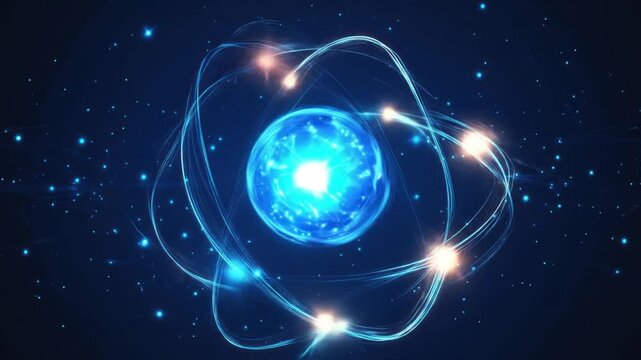 Glowing Blue Atom on Dark Background