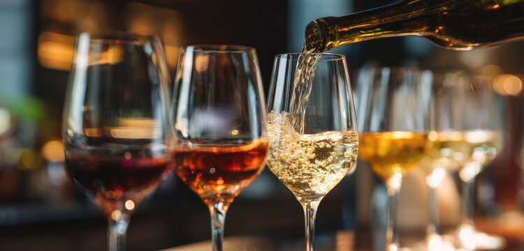 Wine glasses filled with different colored wines, wine being poured into a glass
