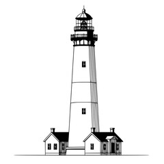Coastal lighthouse silhouette with keeper houses isolated on transparent background