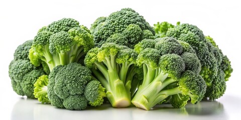 Fresh broccoli florets with slight greenish tint and delicate texture against a white background