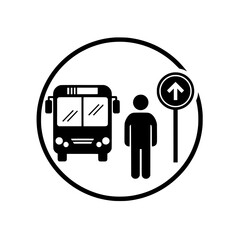 Bus stop silhouette icon in circle isolated on transparent background